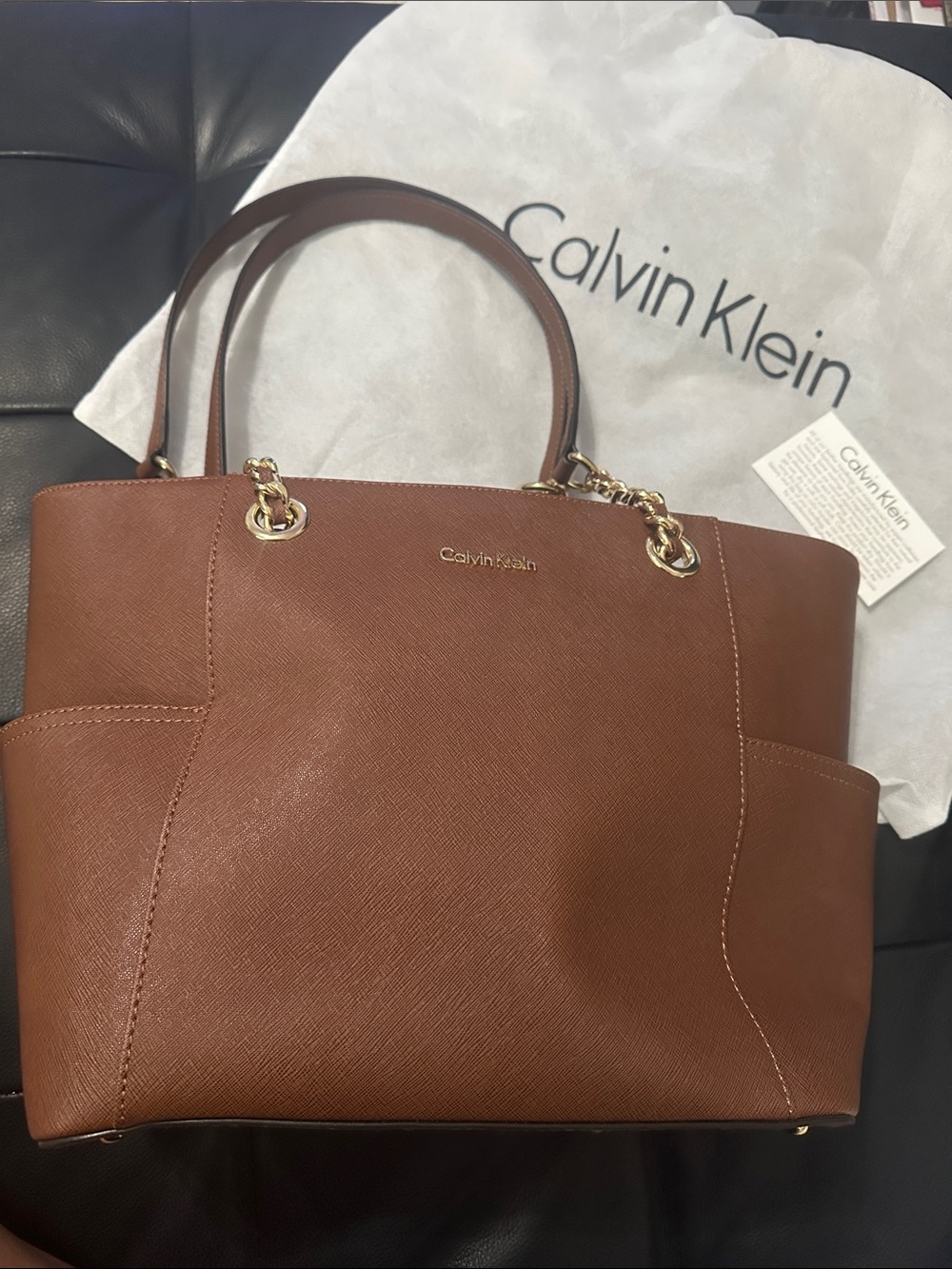 Calvin Klein Cognac Saffiano Tote with Gold Hardware